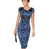 Free Shipping Fashion Women Dress Elegant Floral Print Cap Sleeve Plus Size Dresses Work Business Casual Party Vestidos 004-1