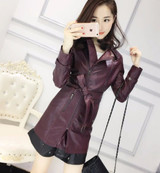 Free shipping casual Women Korean Institute of wind long section turn down collar zip solid color Slim thin belt leather jacket