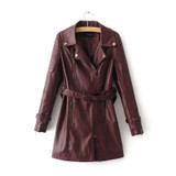 Free shipping casual Women Korean Institute of wind long section turn down collar zip solid color Slim thin belt leather jacket