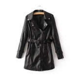 Free shipping casual Women Korean Institute of wind long section turn down collar zip solid color Slim thin belt leather jacket