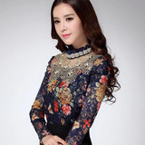 Dingaozlz Women's Lace shirt female Lace Blouses long-sleeve Hollow Floral Lace Tops Slim Elegant Beaded Gauze Chiffon shirts