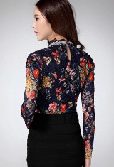 Dingaozlz Women's Lace shirt female Lace Blouses long-sleeve Hollow Floral Lace Tops Slim Elegant Beaded Gauze Chiffon shirts