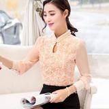 Dingaozlz New Plus size Women Chiffon blouse Sexy Flower Beaded lace Tops long sleeved Casual shirt Patchwork Women clothing
