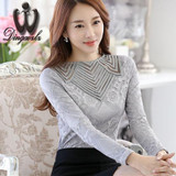 Dingaozlz Lace shirt female 2017 Autumn Blusa Women lace Tops long-sleeved Patchwork Mesh Sexy Slim Hollow out Chiffon blouse