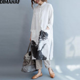 DIMANAF Women Blouse Plus Size Autumn Female Loose Casual Vintage Linen Chinese Style Large Size Pattern Print CardiganBlouse