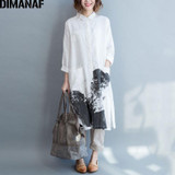 DIMANAF Women Blouse Plus Size Autumn Female Loose Casual Vintage Linen Chinese Style Large Size Pattern Print CardiganBlouse