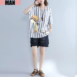 DIMANAF Summer T-Shirt Plus Size Women Linen Cartoon Striped Print Female Casual T-Shirt Loose Short Sleeve Big Size Tops&amp;Tees