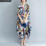 DIMANAF Plus Size Dress Women Summer Pattern Patchwork Print Vintage Linen Dress Female Casual Fashion Oversize Elegant Dresses