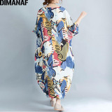 DIMANAF Plus Size Dress Women Summer Pattern Patchwork Print Vintage Linen Dress Female Casual Fashion Oversize Elegant Dresses