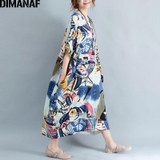 DIMANAF Plus Size Dress Women Summer Pattern Patchwork Print Vintage Linen Dress Female Casual Fashion Oversize Elegant Dresses