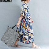 DIMANAF Plus Size Dress Women Summer Pattern Patchwork Print Vintage Linen Dress Female Casual Fashion Oversize Elegant Dresses