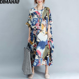 DIMANAF Plus Size Dress Women Summer Pattern Patchwork Print Vintage Linen Dress Female Casual Fashion Oversize Elegant Dresses