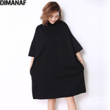DIMANAF Autumn Plus Size Women Dress Casual Solid Turtleneck Loose Batwing Female Fashion Oversize Grey Elegant Dresses Fit 5XL