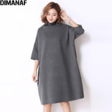 DIMANAF Autumn Plus Size Women Dress Casual Solid Turtleneck Loose Batwing Female Fashion Oversize Grey Elegant Dresses Fit 5XL