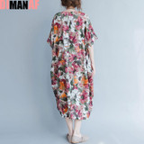 DIMANAF Plus Size Women Summer Dress Sunflower Floral Print Trend Linen Large Size Female Casual Fashion Long Vintage Dresses