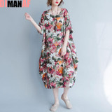 DIMANAF Plus Size Women Summer Dress Sunflower Floral Print Trend Linen Large Size Female Casual Fashion Long Vintage Dresses