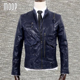 Designer retro blue genuine leather coat 100%lambskin jacket real leather motorcycle jacket manteau homme veste cuir homme LT794