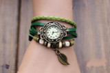 Design HOT! 1PC Womens Bracelet Vintage Weave Wrap Quartz Leather Leaf Beads Wrist Watches Fabulous