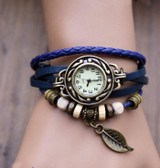 Design HOT! 1PC Womens Bracelet Vintage Weave Wrap Quartz Leather Leaf Beads Wrist Watches Fabulous