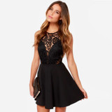 DeRuiLaDy Women Sleeveless Lace Stitching summer Dress Sexy Backless Black Pleated Dresses party Mini Casual Dress vestidos