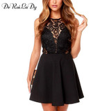 DeRuiLaDy Women Sleeveless Lace Stitching summer Dress Sexy Backless Black Pleated Dresses party Mini Casual Dress vestidos