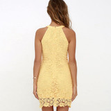 DeRuiLaDy Women Mini Bodycon Dress Elegant Wedding Party Sexy Night Club Casual Dresses Halter Neck Sleeveless Lace Summer Dress