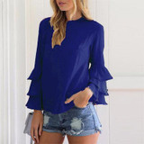 DeRuiLaDy Women Elegant Butterfly Sleeve Chiffon Tiered Blouse Shirt Autumn Female Long Sleeve O-Neck Blouses Casual Loose Tops