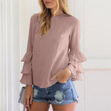 DeRuiLaDy Women Elegant Butterfly Sleeve Chiffon Tiered Blouse Shirt Autumn Female Long Sleeve O-Neck Blouses Casual Loose Tops