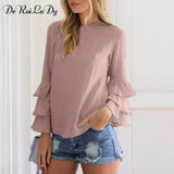 DeRuiLaDy Women Elegant Butterfly Sleeve Chiffon Tiered Blouse Shirt Autumn Female Long Sleeve O-Neck Blouses Casual Loose Tops