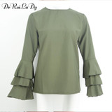DeRuiLaDy Women Elegant Butterfly Sleeve Chiffon Tiered Blouse Shirt Autumn Female Long Sleeve O-Neck Blouses Casual Loose Tops
