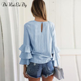 DeRuiLaDy Women Elegant Butterfly Sleeve Chiffon Tiered Blouse Shirt Autumn Female Long Sleeve O-Neck Blouses Casual Loose Tops