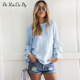 DeRuiLaDy Women Elegant Butterfly Sleeve Chiffon Tiered Blouse Shirt Autumn Female Long Sleeve O-Neck Blouses Casual Loose Tops