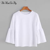 DeRuiLaDy Women Autumn Elegant Flare Sleeve Shirt O Neck Blouse Three Quarter Sleeve Blouses Black White Casual Tops Blusas