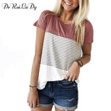 DeRuiLaDy Women 2018 New Summer Fashion T-shirt O-Neck Short Sleeve Striped T shirts Female Casual Tops Tees