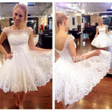 2016 A-line Mini White Cocktail Dresses with Lace Pearls Beautiful Tulle Appliques Sheer Short Prom party gowns Graduation dress