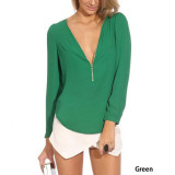 2016 6 Color Solid Autumn V Neck Long Sleeve Zipper Sexy Chiffon Blouses Women Work Wear Blusas Femininas Tops