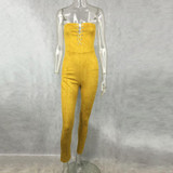 2016  elegant Suede off shoulder lace up long tight jumpsuit romper sexy  front hollow out Bodycon bandgae club Overalls Playsui
