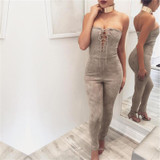2016  elegant Suede off shoulder lace up long tight jumpsuit romper sexy  front hollow out Bodycon bandgae club Overalls Playsui