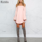 2017 Autumn ZANZEA Women Dress Sexy Strapless Mini Dresses Off Shoulder Slash Neck Long Sleeve Tops Casual Loose Solid Vestidos