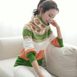 2017 autumn women's sweaters and pullovers vintage printed cashmere sweater warm turtleneck pullover christmas oversized pull