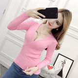 2017 Autumn Women Slim Sexy Deep V-neck Knitting Full Sleeve Pullovers Sweaters Girls Knitted Solid Knitwear For Female BH4638
