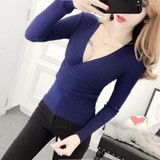 2017 Autumn Women Slim Sexy Deep V-neck Knitting Full Sleeve Pullovers Sweaters Girls Knitted Solid Knitwear For Female BH4638
