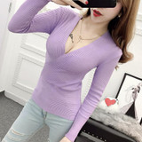 2017 Autumn Women Slim Sexy Deep V-neck Knitting Full Sleeve Pullovers Sweaters Girls Knitted Solid Knitwear For Female BH4638