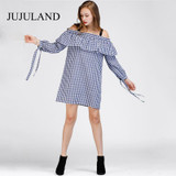 2017 Autumn Women Dress Long Sleeve Off Shoulder Straight Dress Plaid Ruffles Slash Neck Vestido Puff Sleeve Fashion Women Fall