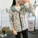 2017 Autumn Women Bomber Basic Jacket Pocket Zipper Hooded Two Side Wear Cartoon Print Outwear Loose Coat