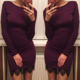 2017 Autumn Winter Women's Bodycon dress Lace Hem Long Sleeve Solid Evening Party Warm Dresses Casual Slim Vestidos LX067