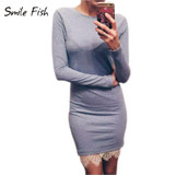 2017 Autumn Winter Women's Bodycon dress Lace Hem Long Sleeve Solid Evening Party Warm Dresses Casual Slim Vestidos LX067