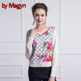 2017 Autumn Winter Women Fashion Loose top wool knitted sweater pullover female v-neck print warm women sweaters and pullovers