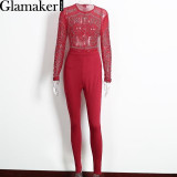 Glamaker Mesh o neck long sleeve autumn jumpsuit romper Sexy rhinestone elegant jumpsuit women Bodycon full length playsuit