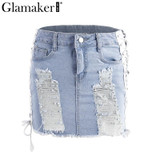 Glamaker Washed denim side lace up women skirt Hollow out fashion pencil skirt Short streetwear casual mini denim skirt
